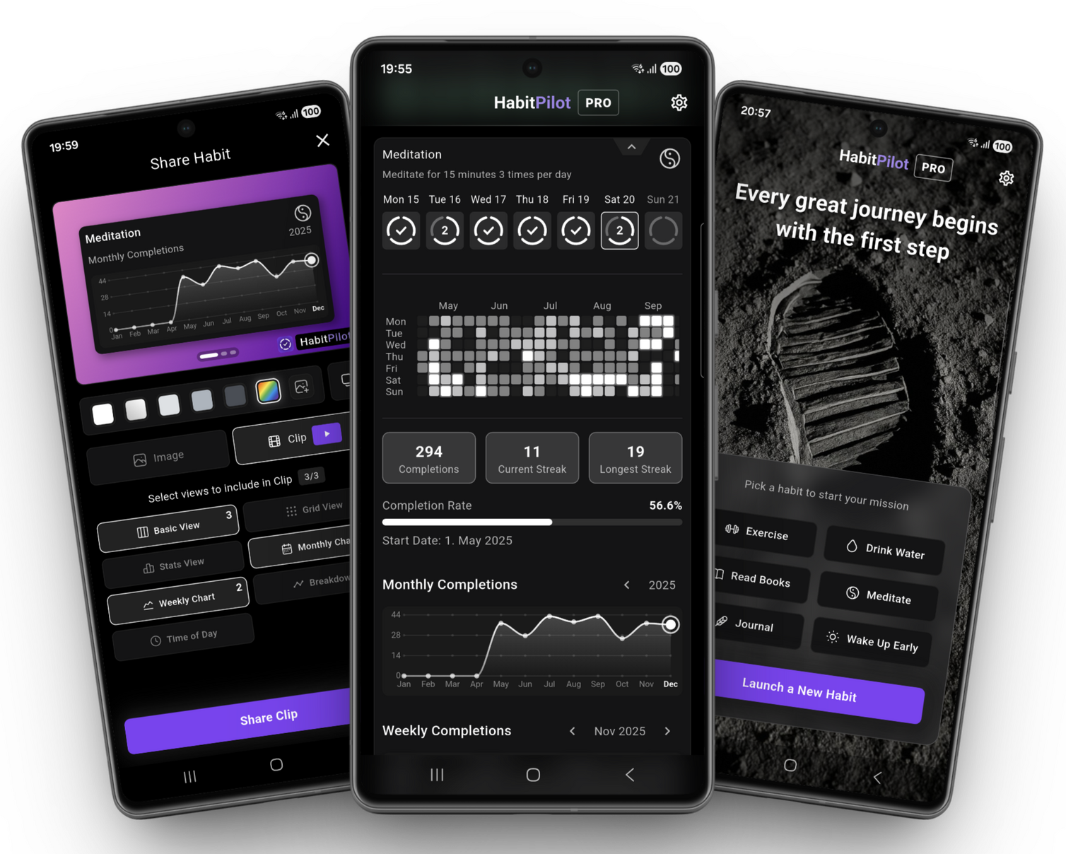 Three smartphone screens of the HabitPilot app: left the sharing feature for generating progress video clips, center progress statistics with heatmap and streaks, right the onboarding view in a dark UI design.