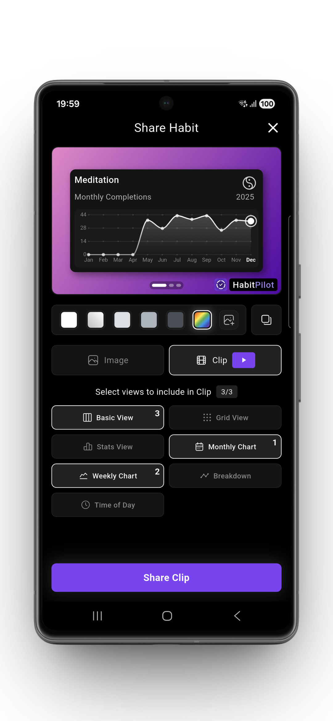 The HabitPilot "Share Habit" interface showing customization tools for social sharing. Features include a monthly completion line chart, background color themes, and the "Share Clip" button to create animated video stories of habit streaks and milestones.