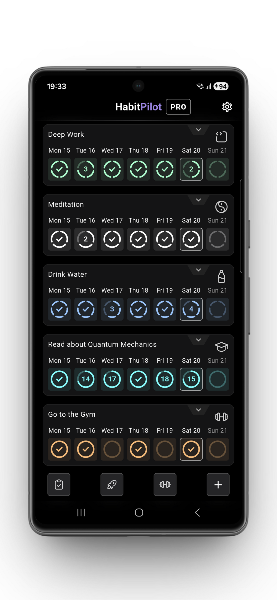 The section "Mission Control" showcasing the HabitPilot daily home screen, with a list of active missions including Meditation, Deep Work, and Exercise, featuring custom icons and a weekly progress overview for effortless habit logging.
