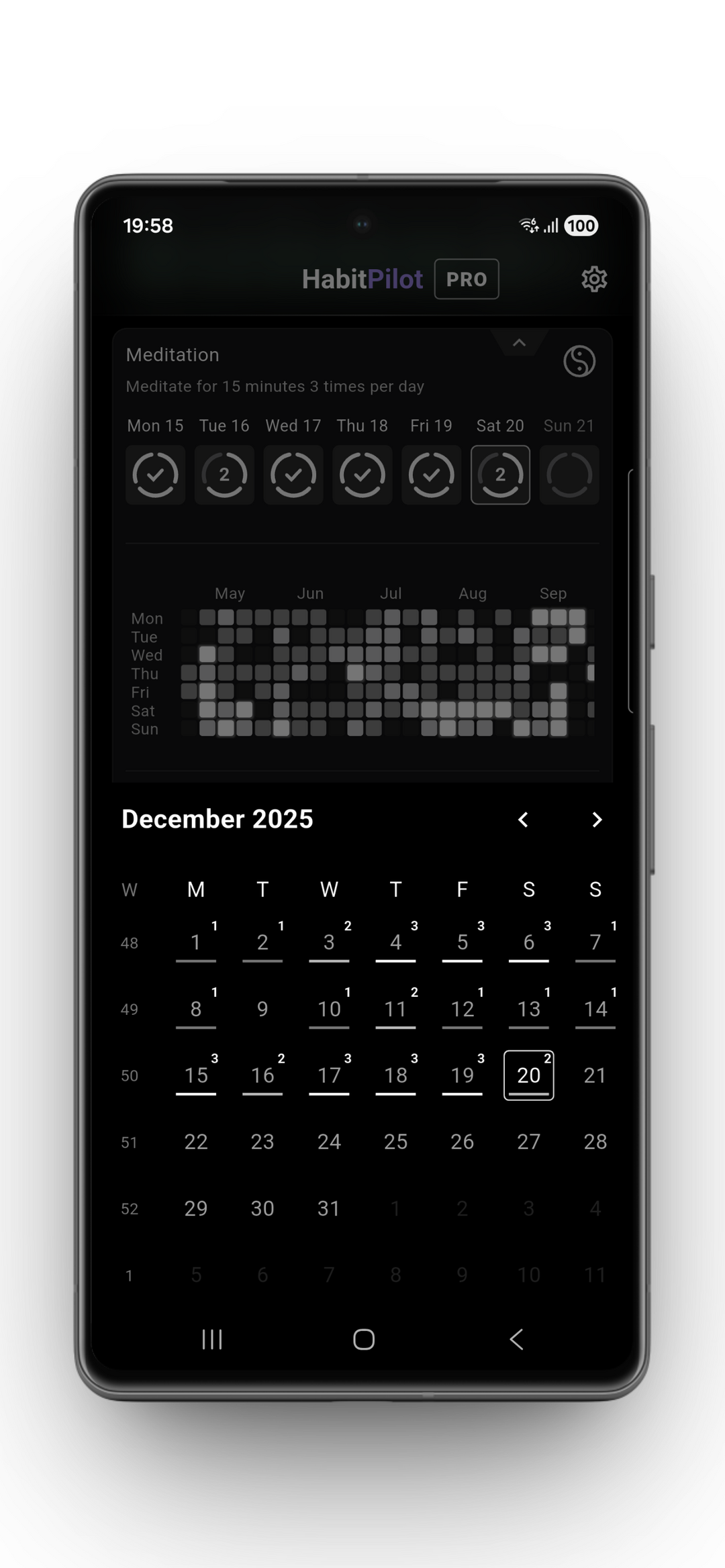 HabitPilot Calendar: Edit Past Entries & Maintain Honest Habit Streaks Feature section of the HabitPilot app titled "Reclaim Your Streak" showcases a mobile screen with a "forgiving" calendar tool, allowing users to log forgotten completions, correct accidental entries, and keep their long-term habit data accurate and intact.