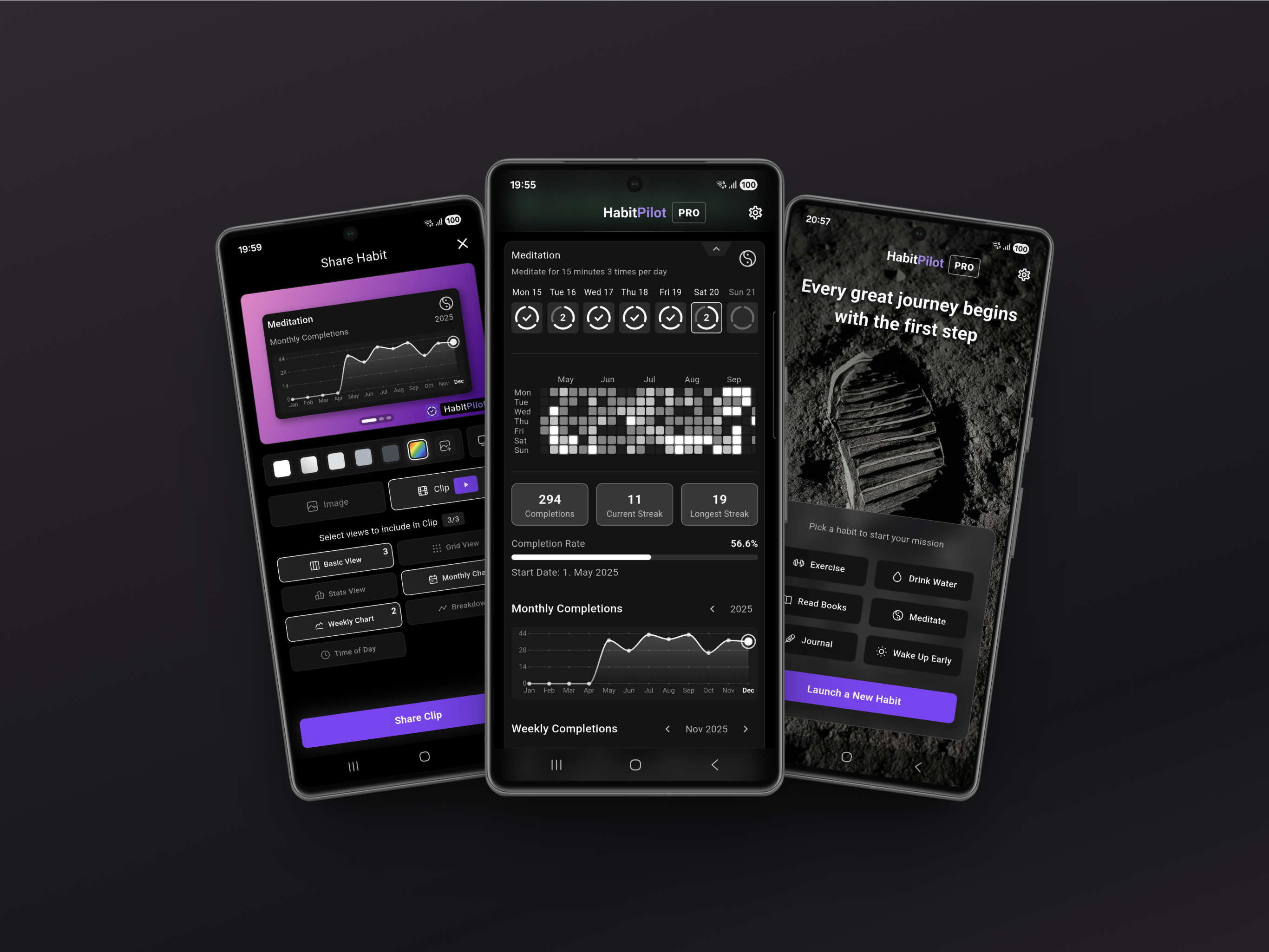 Three smartphone screens of the HabitPilot app: left the sharing feature for generating progress video clips, center progress statistics with heatmap and streaks, right the onboarding view in a dark UI design.