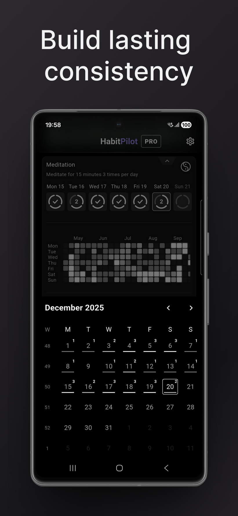 "Build lasting consistency" view showing a monthly calendar overview of completed habits and total streaks.