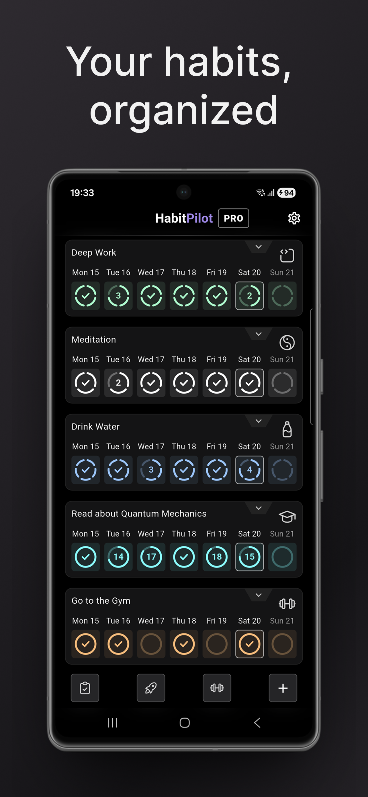 Smartphone screenshot showing the HabitPilot main interface with an organized list of habits and daily check-ins.