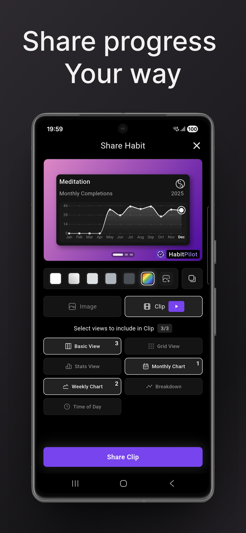Display of the "Share progress your way" export feature with various design options for social media video clips.