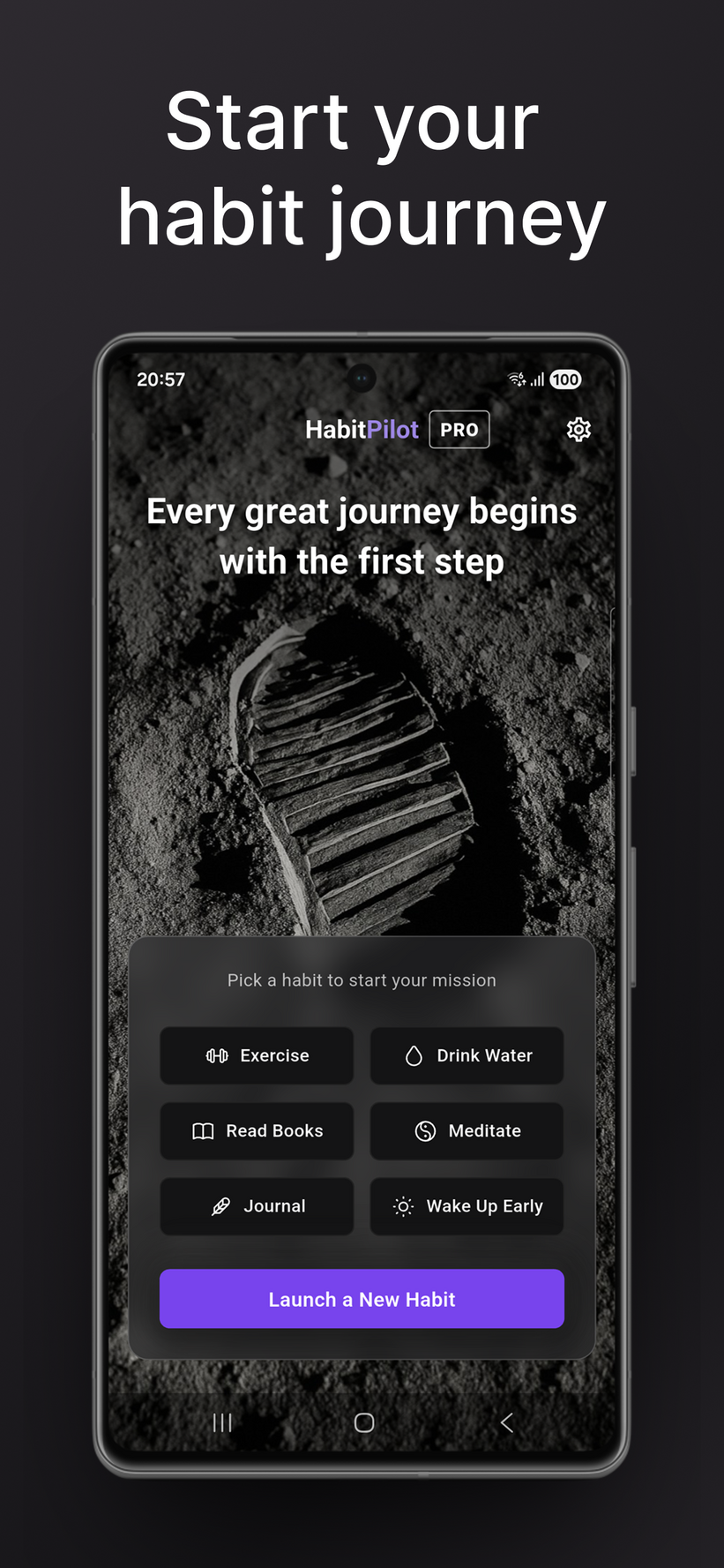 "Start your habit journey" welcome screen featuring an atmospheric space-themed graphic of a footprint on the moon.