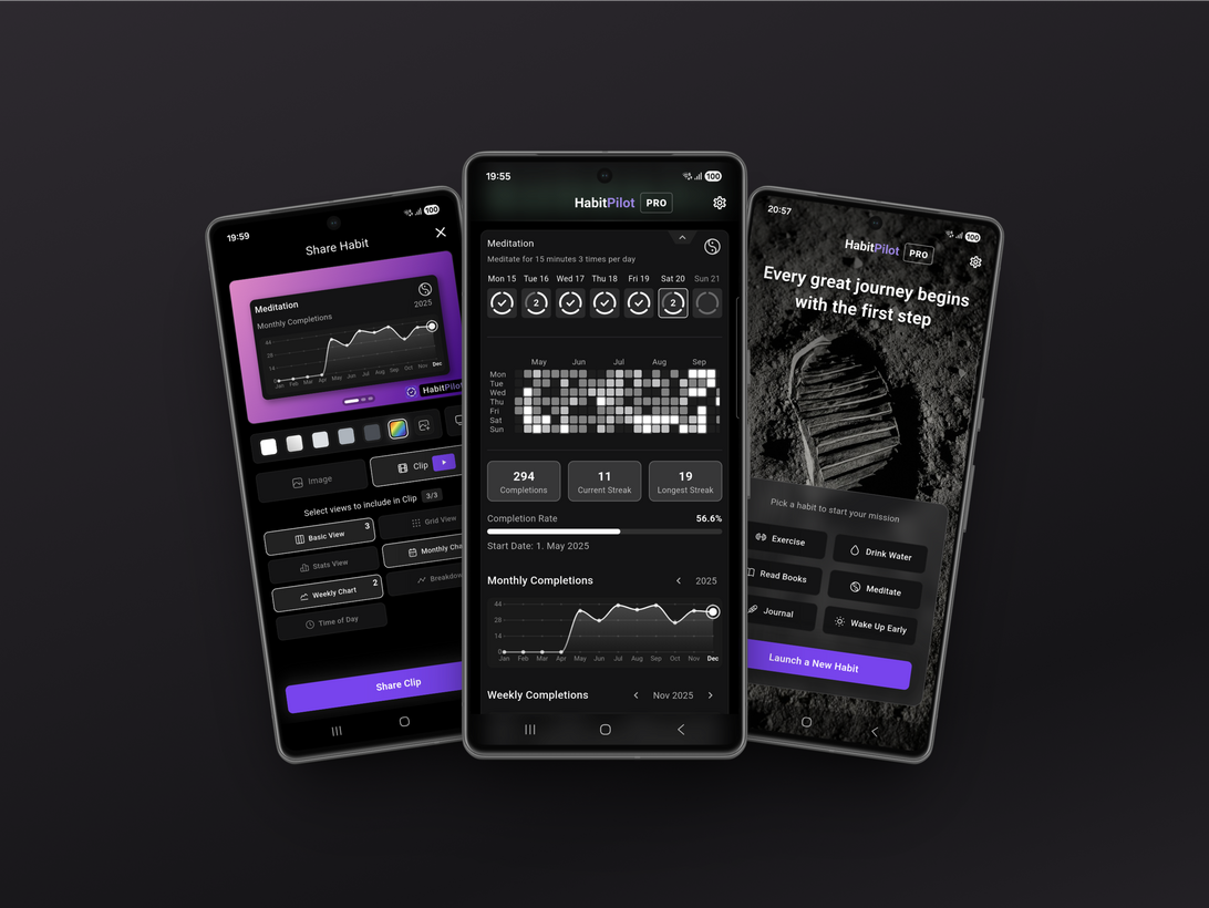 Three smartphone screens of the HabitPilot app: left the sharing feature for generating progress video clips, center progress statistics with heatmap and streaks, right the onboarding view in a dark UI design.